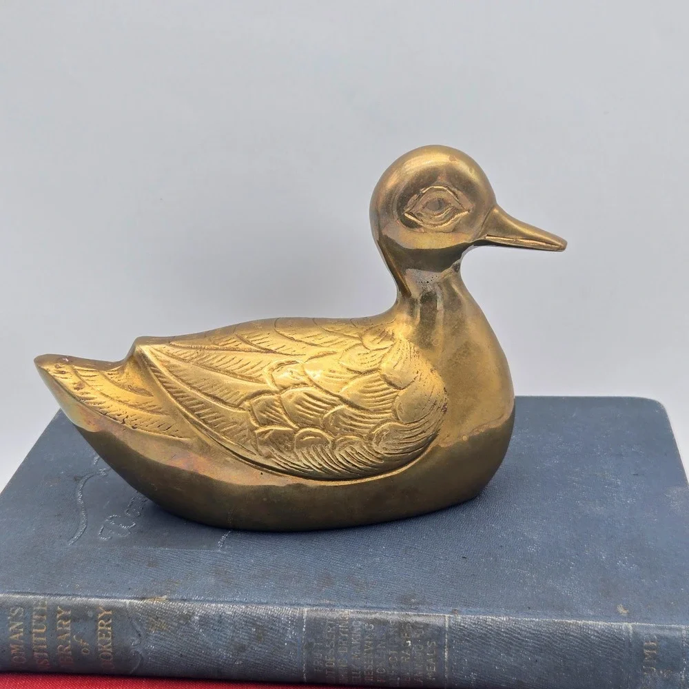Vintage Solid Brass Duck Figurine Sculpture Detailed Feathers Warm Patina 6.5